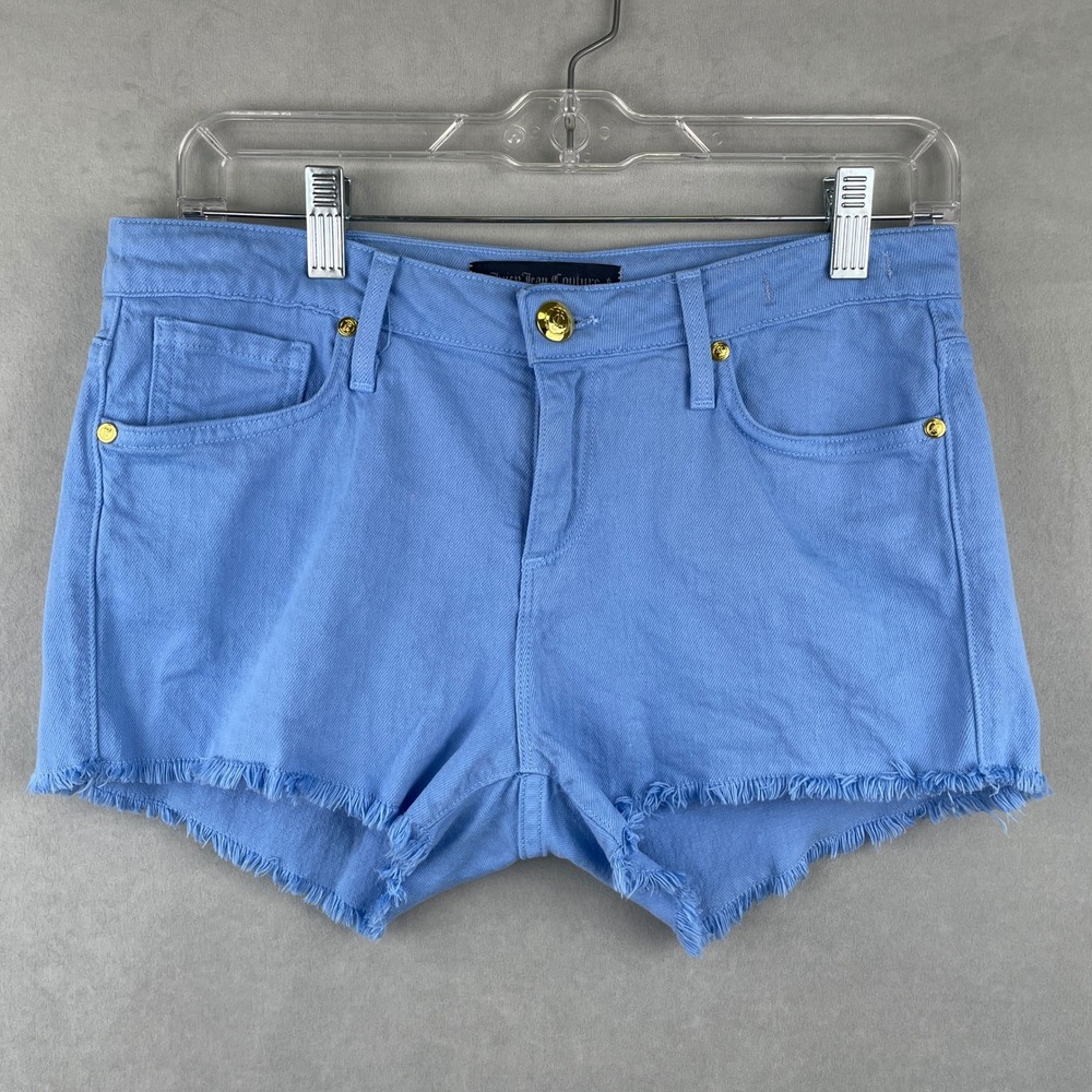 Juicy Couture Blue Mid Rise Denim Cut Off Shorts Frayed Hem 27 Y2K USA Made Gold